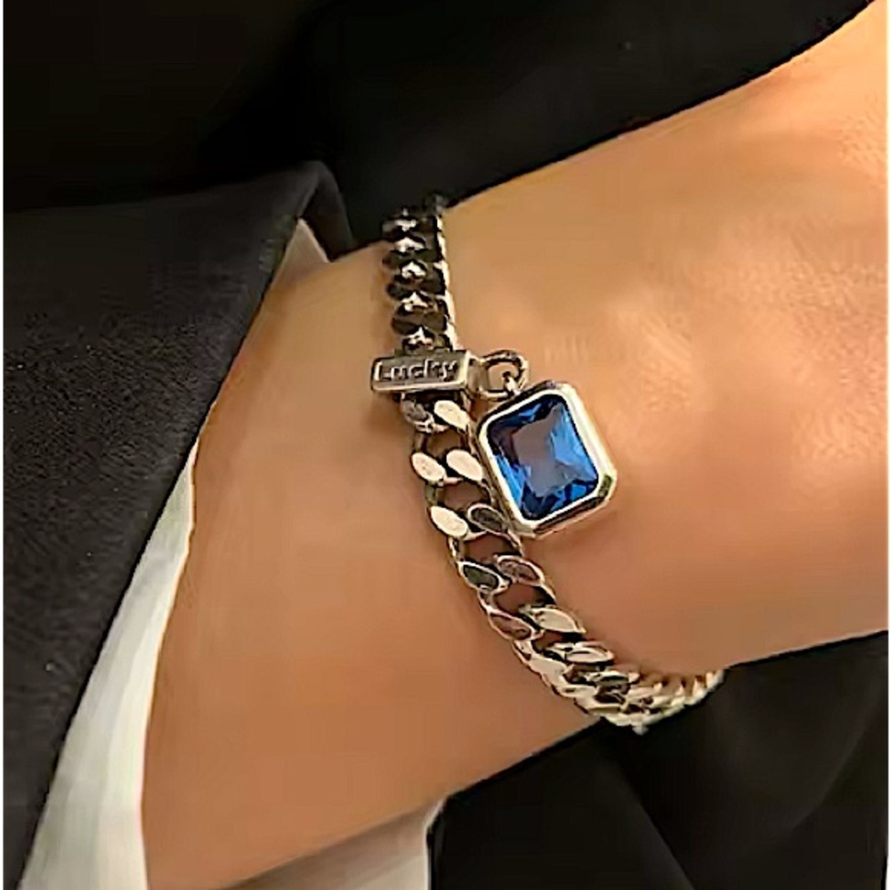 Sterling Silver Blue Sapphire Charm Bracelet Chain Link - Picture 1 of 5